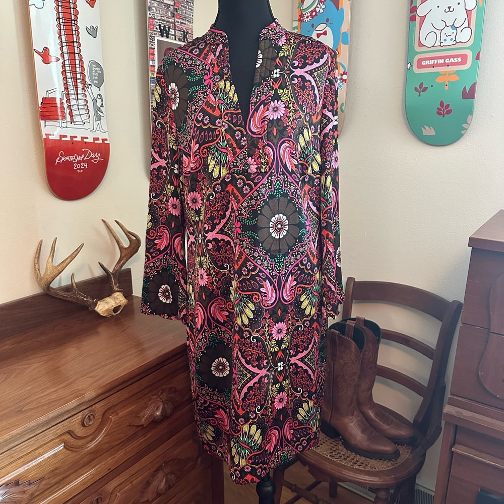 Trina Turk Vibrant Long Sleeve Dress - Pink and Black